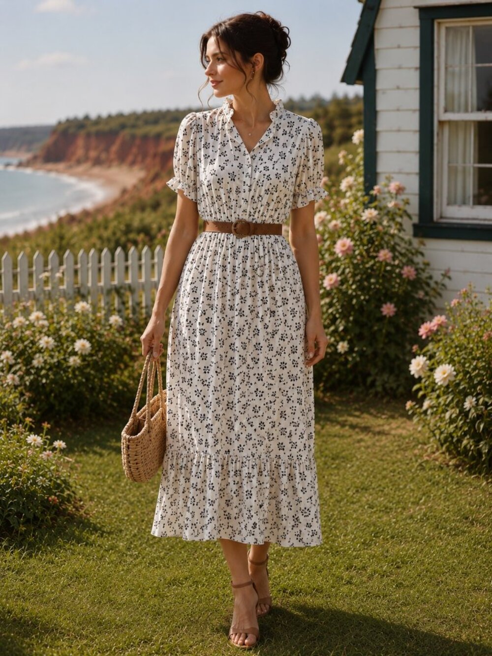 White Floral Midi Dress with Ruffle Hem